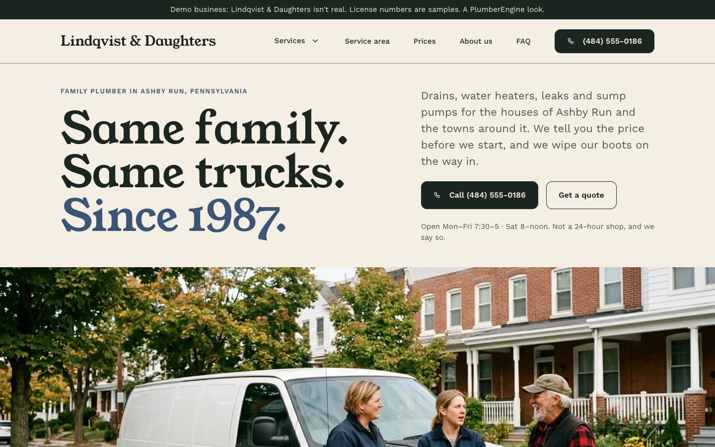 Hometown: the home page of a demo website for Lindqvist & Daughters Plumbing, a fictitious family-owned residential plumbing company